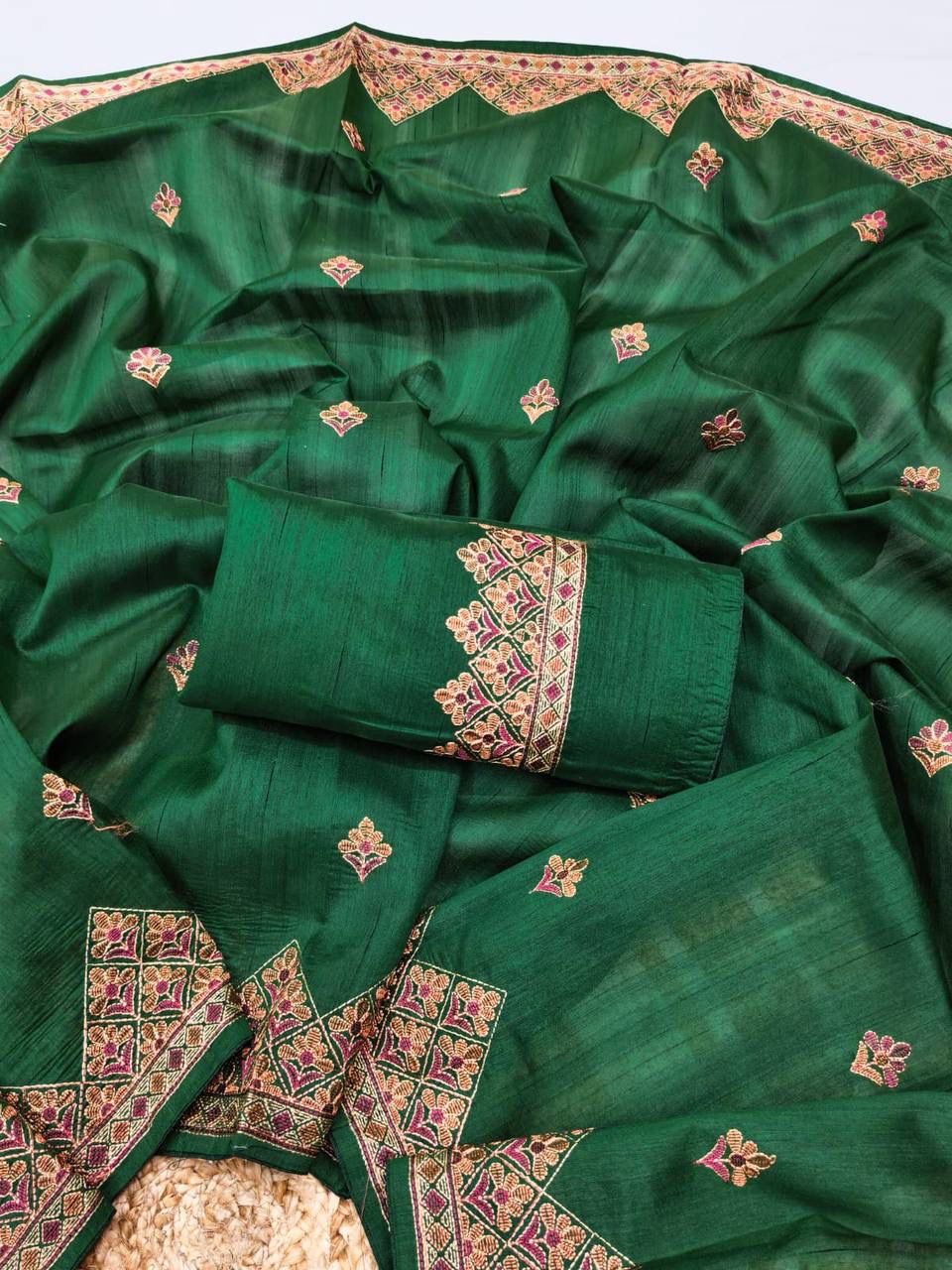 Most Stunning Dark Green Embroidery Work Tussar Silk Saree With Whimsical Blouse Piece