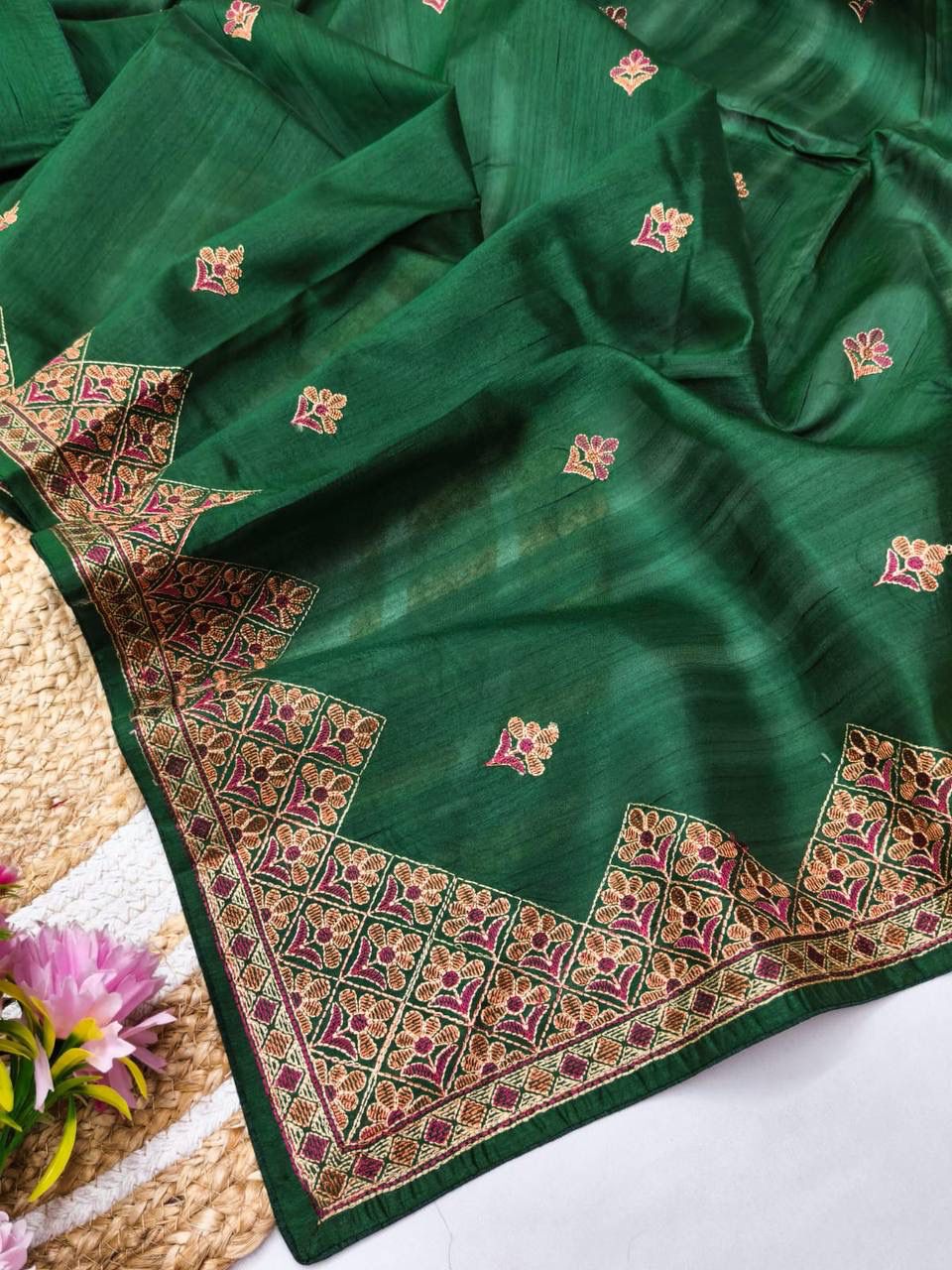 Most Stunning Dark Green Embroidery Work Tussar Silk Saree With Whimsical Blouse Piece