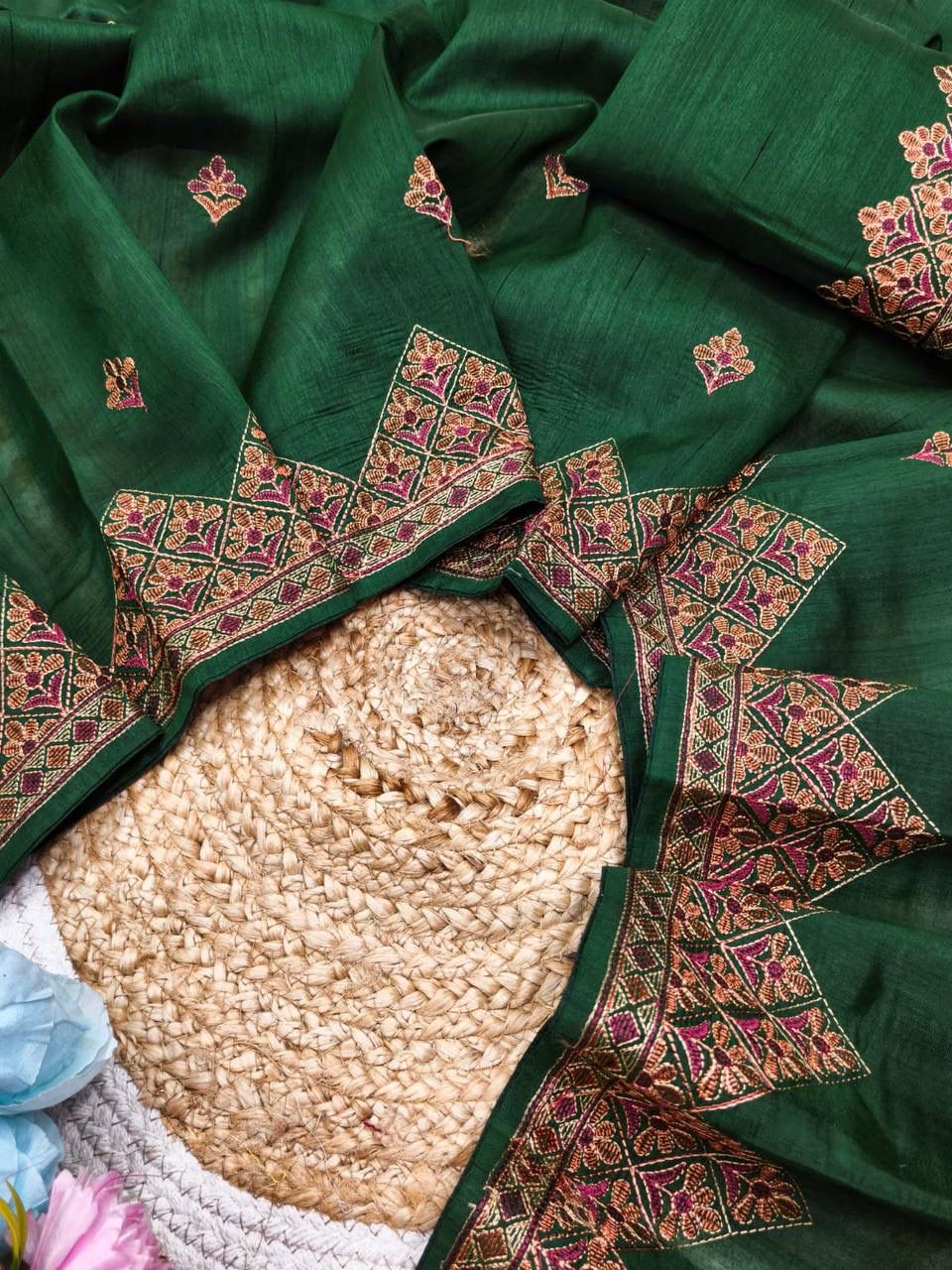 Most Stunning Dark Green Embroidery Work Tussar Silk Saree With Whimsical Blouse Piece