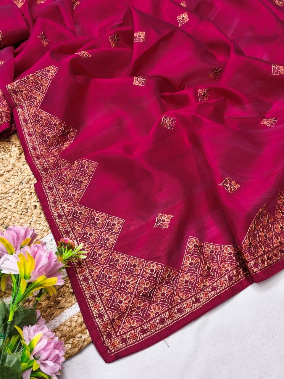 Magnificat Dark Pink Embroidery Work Tussar Silk Saree With Wonderful Blouse Piece
