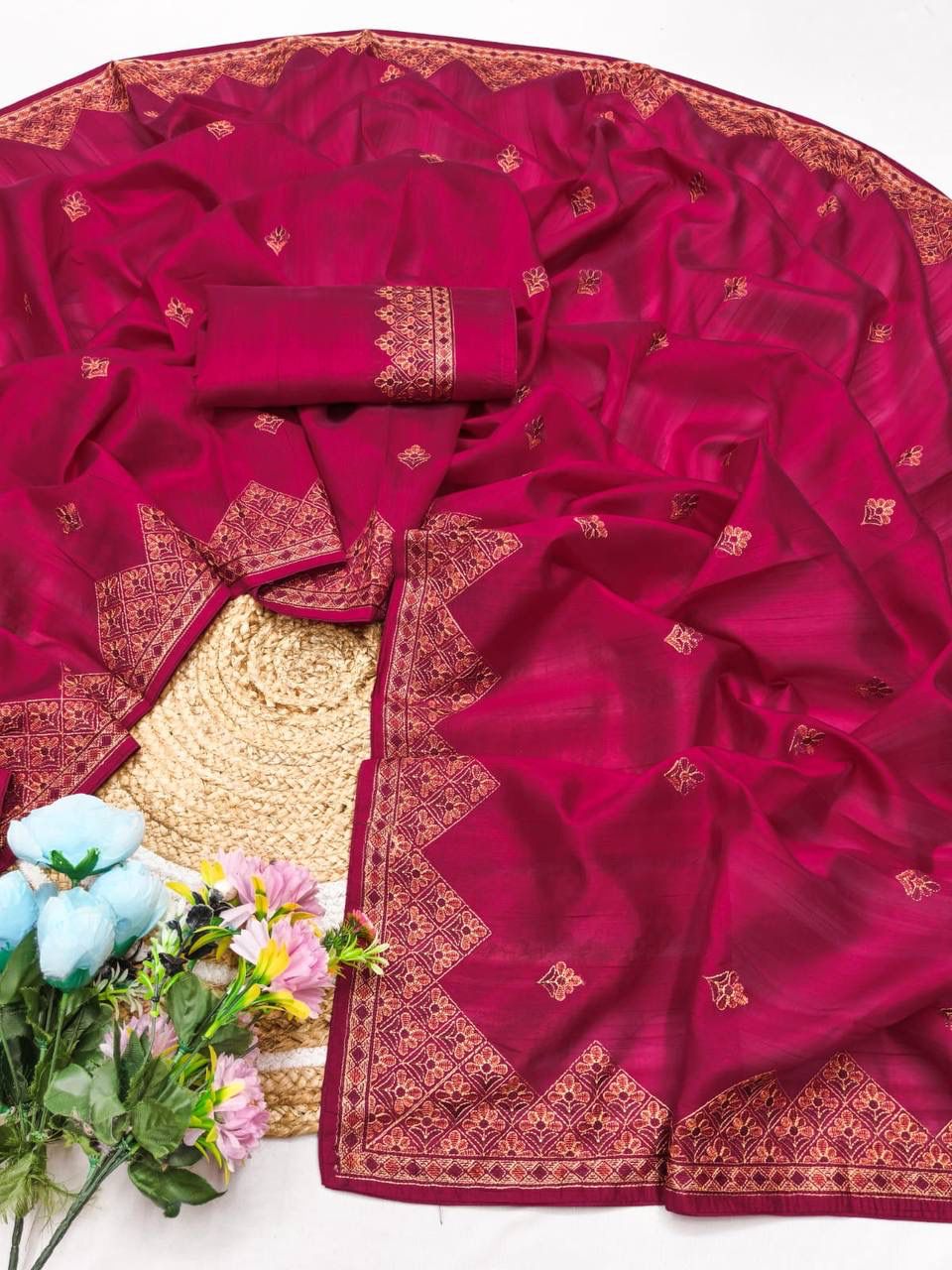 Magnificat Dark Pink Embroidery Work Tussar Silk Saree With Wonderful Blouse Piece