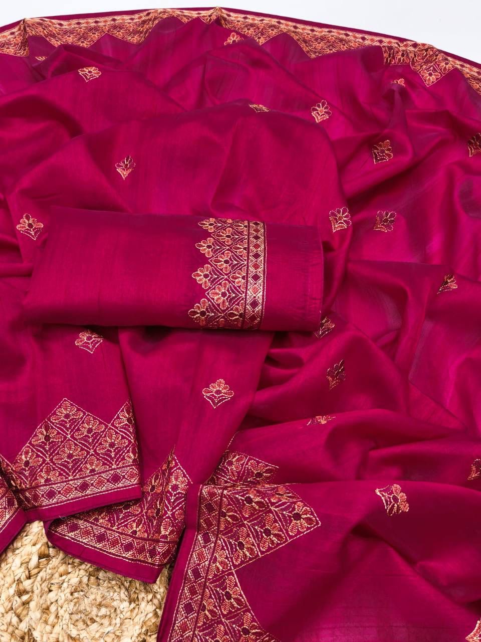 Magnificat Dark Pink Embroidery Work Tussar Silk Saree With Wonderful Blouse Piece