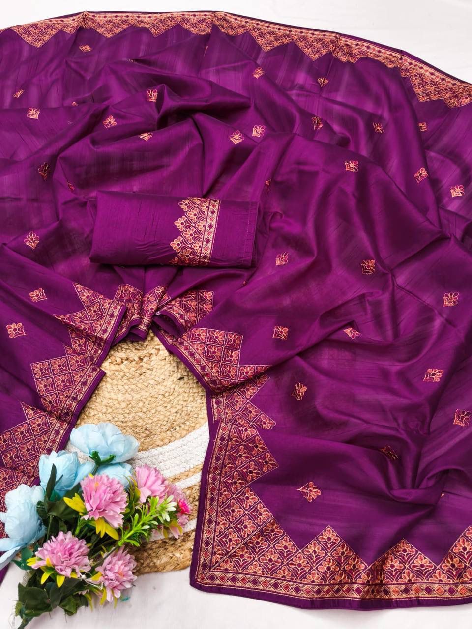 Fantabulous Purple Embroidery Work Tussar Silk Saree With Ethereal Blouse Piece