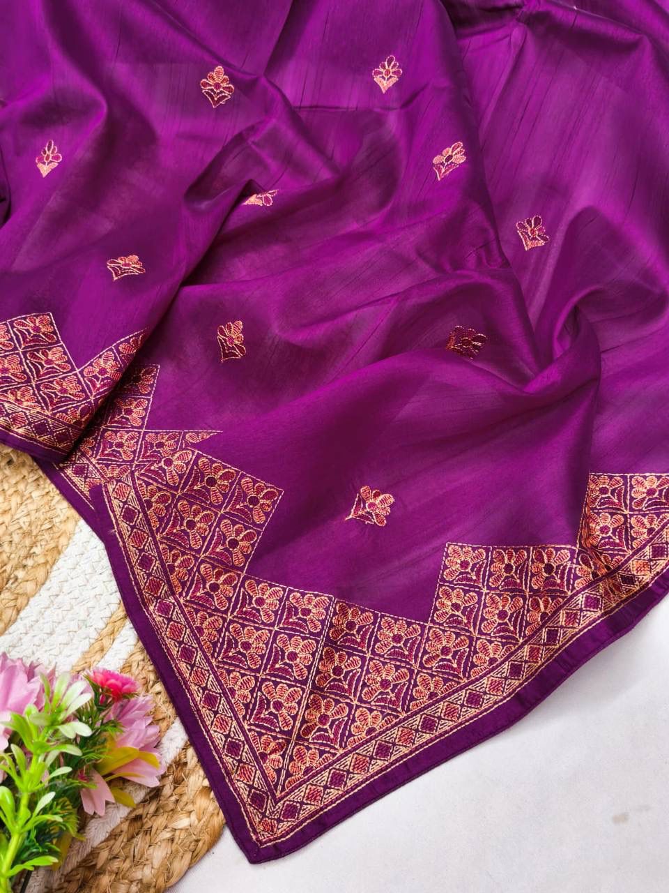 Fantabulous Purple Embroidery Work Tussar Silk Saree With Ethereal Blouse Piece