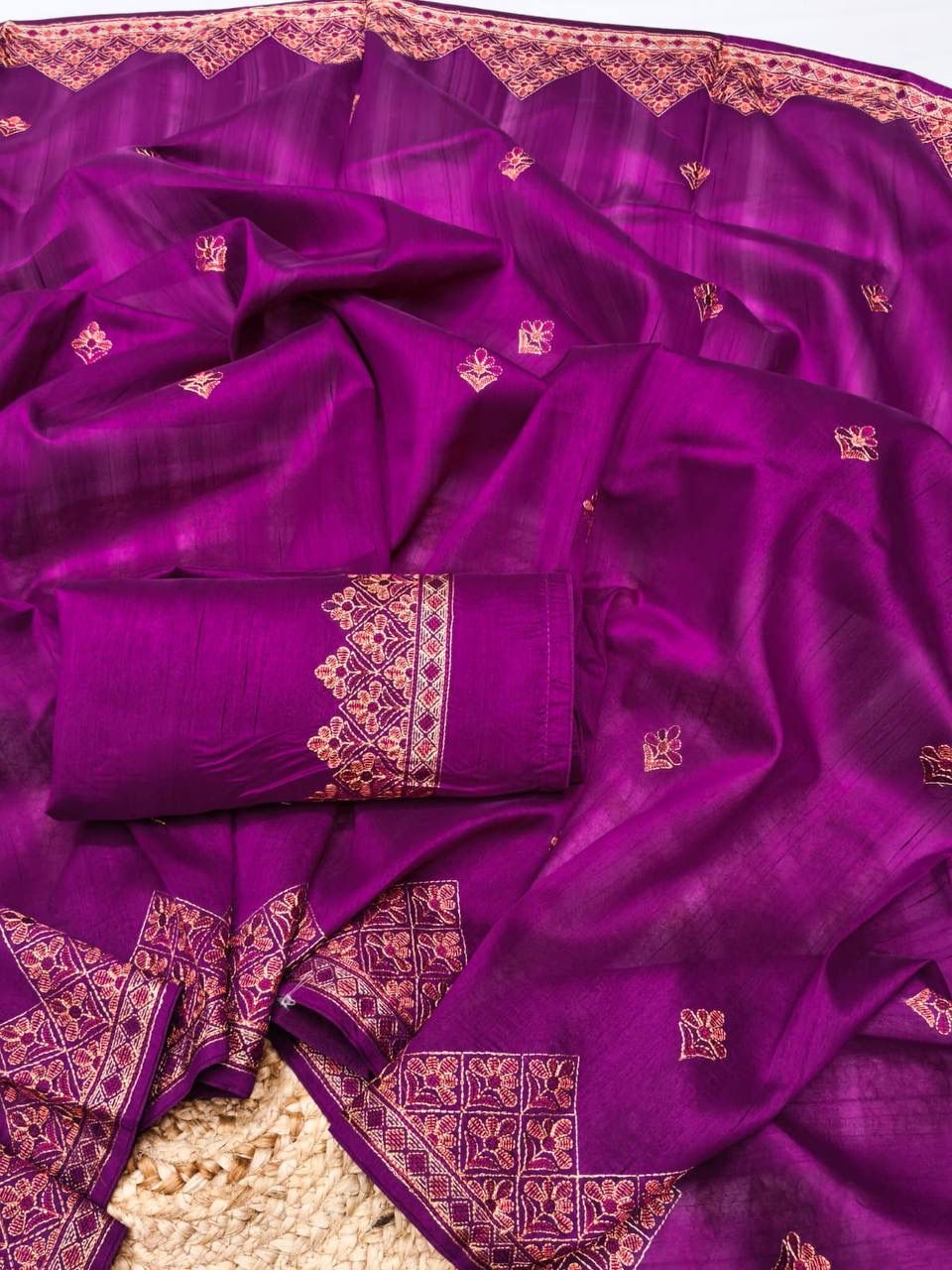 Fantabulous Purple Embroidery Work Tussar Silk Saree With Ethereal Blouse Piece