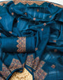 Embellished Teal Blue Embroidery Work Tussar Silk Saree With Traditional Blouse Piece