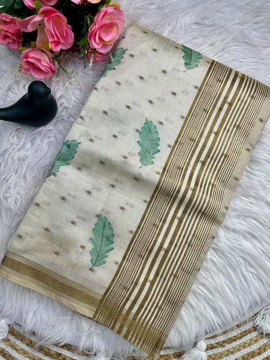Super extravagant Off White Embroidery Work Tussar Silk Saree With Ethnic Blouse Piece