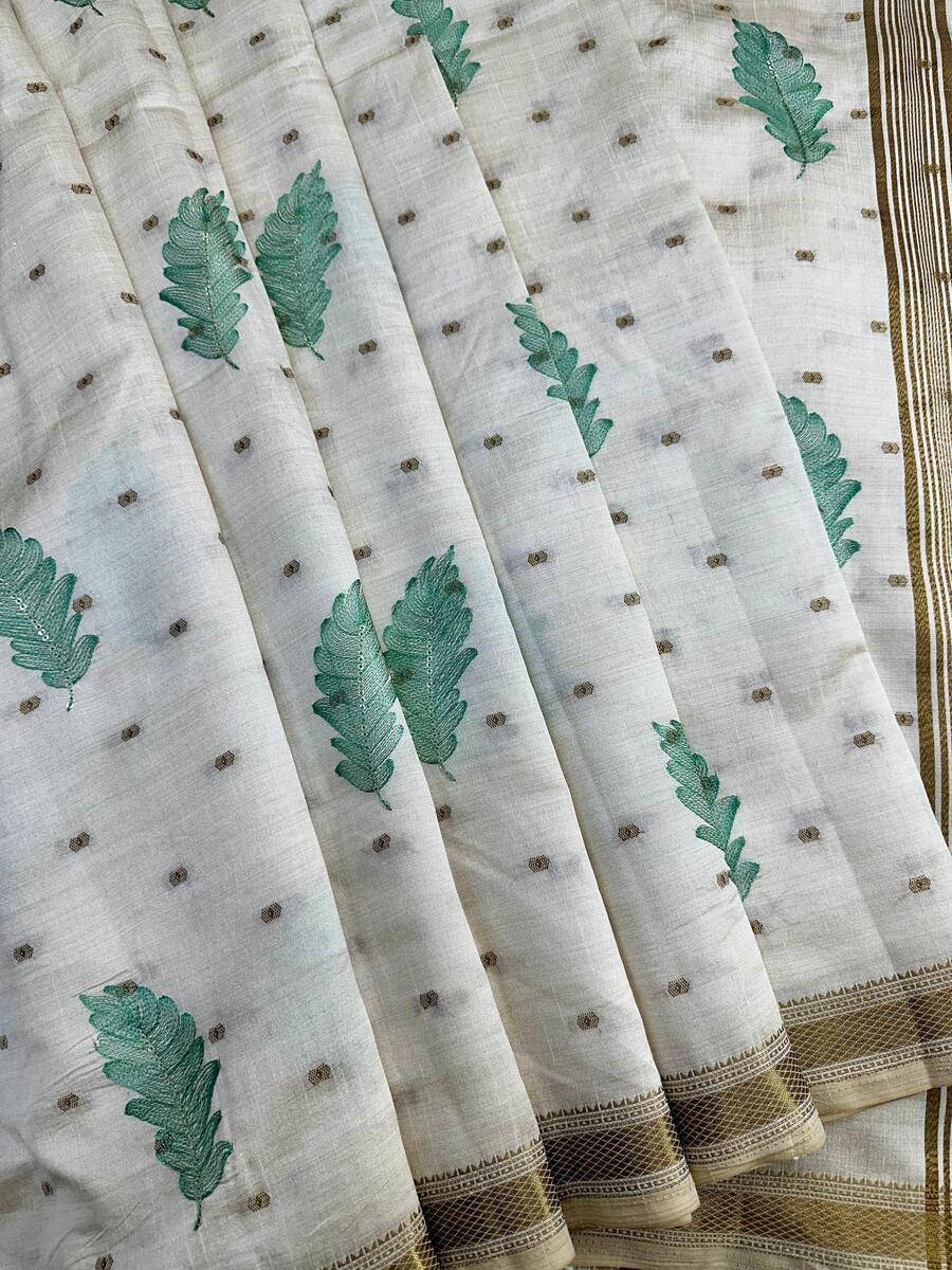 Super extravagant Off White Embroidery Work Tussar Silk Saree With Ethnic Blouse Piece