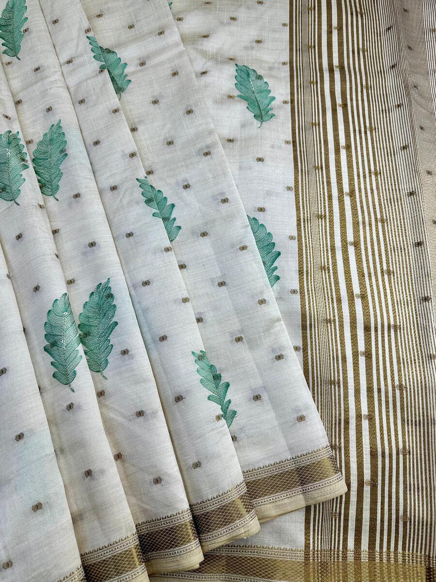 Super extravagant Off White Embroidery Work Tussar Silk Saree With Ethnic Blouse Piece