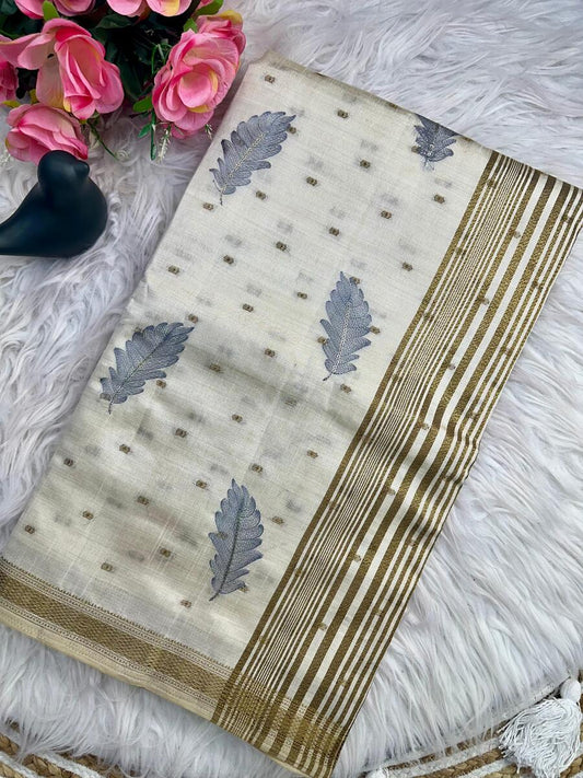 Majesty Off White Embroidery Work Tussar Silk Saree With Scrupulous Blouse Piece
