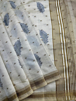 Majesty Off White Embroidery Work Tussar Silk Saree With Scrupulous Blouse Piece