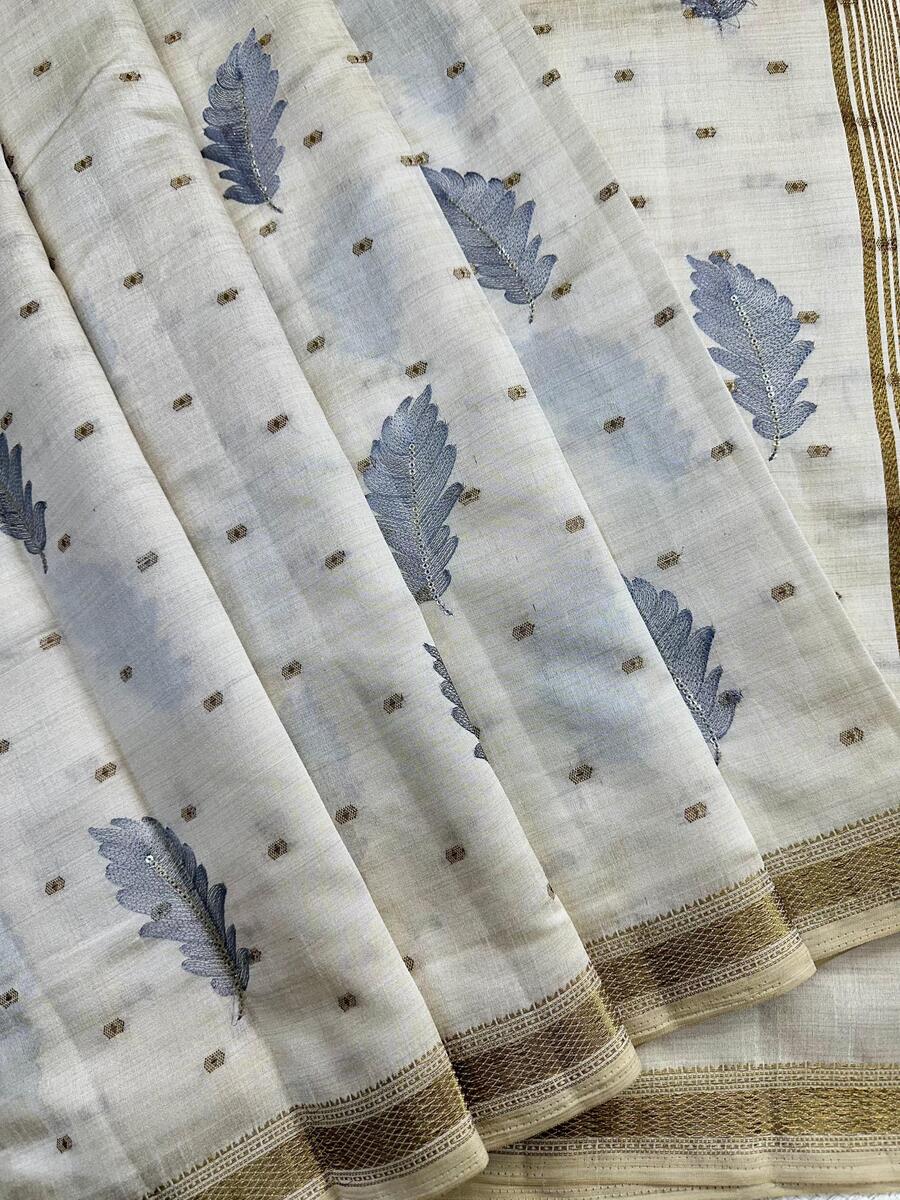 Majesty Off White Embroidery Work Tussar Silk Saree With Scrupulous Blouse Piece