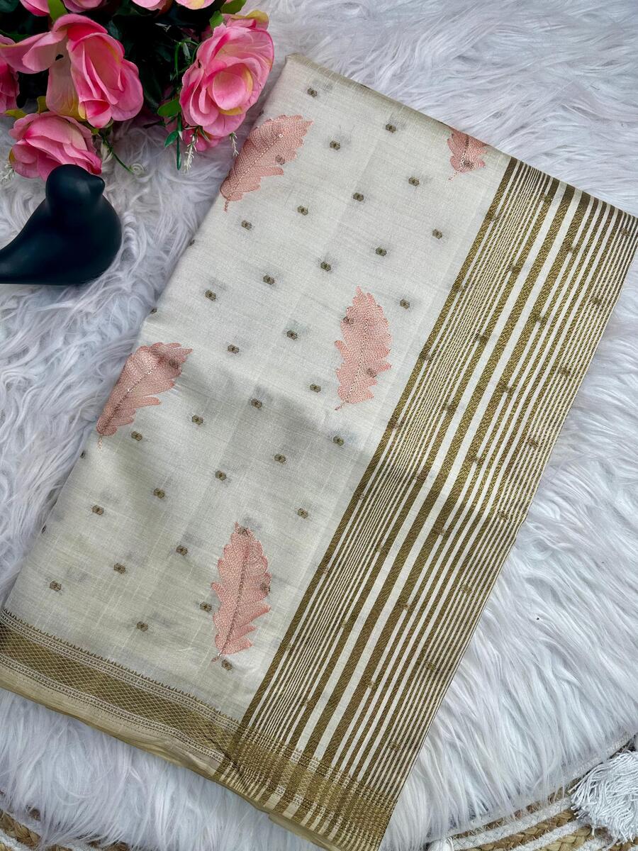 Murmurous Off White Embroidery Work Tussar Silk Saree With Ravishing Blouse Piece