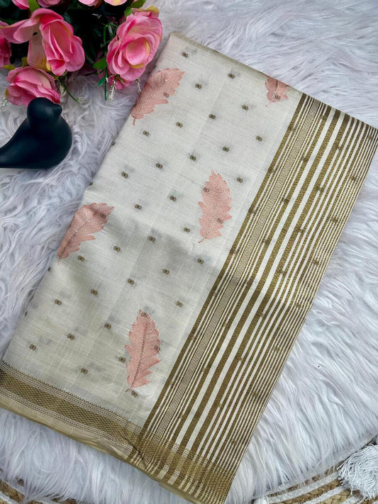 Murmurous Off White Embroidery Work Tussar Silk Saree With Ravishing Blouse Piece