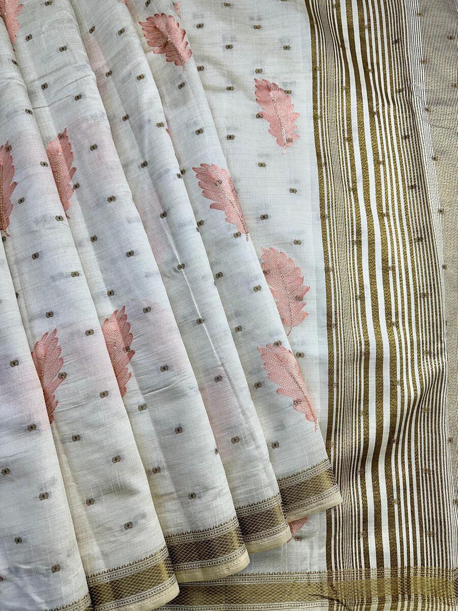 Murmurous Off White Embroidery Work Tussar Silk Saree With Ravishing Blouse Piece