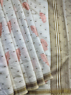 Murmurous Off White Embroidery Work Tussar Silk Saree With Ravishing Blouse Piece