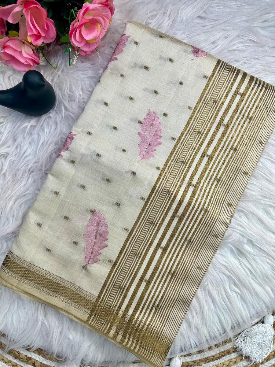 Impressive Off White Embroidery Work Tussar Silk Saree With Eclat Blouse Piece