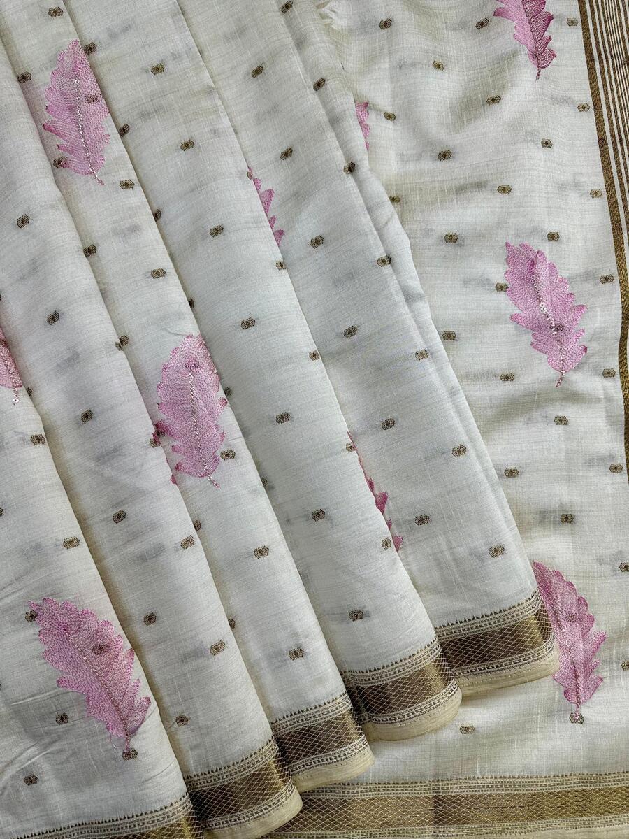 Impressive Off White Embroidery Work Tussar Silk Saree With Eclat Blouse Piece