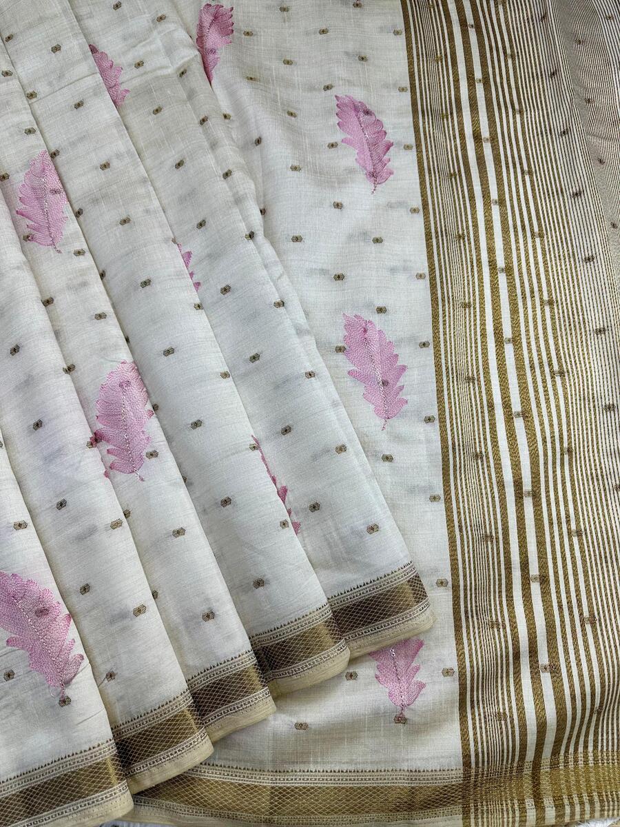 Impressive Off White Embroidery Work Tussar Silk Saree With Eclat Blouse Piece