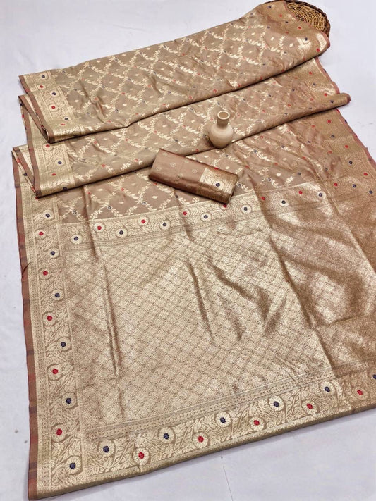 Most Elision Beige Soft Banarasi Silk Saree With Extraordinary Blouse Piece