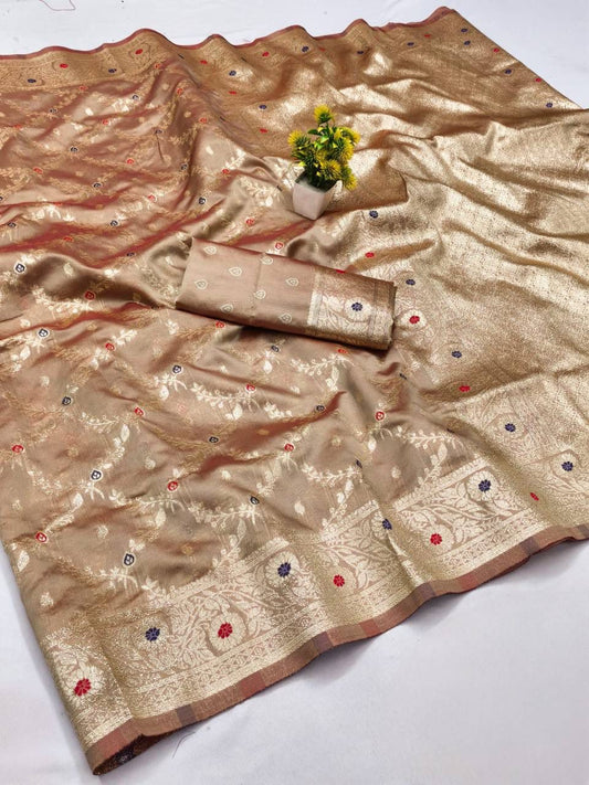 Most Elision Beige Soft Banarasi Silk Saree With Extraordinary Blouse Piece