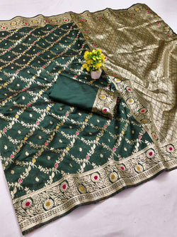 Hypnotic Dark Green Soft Banarasi Silk Saree With Captivating Blouse Piece