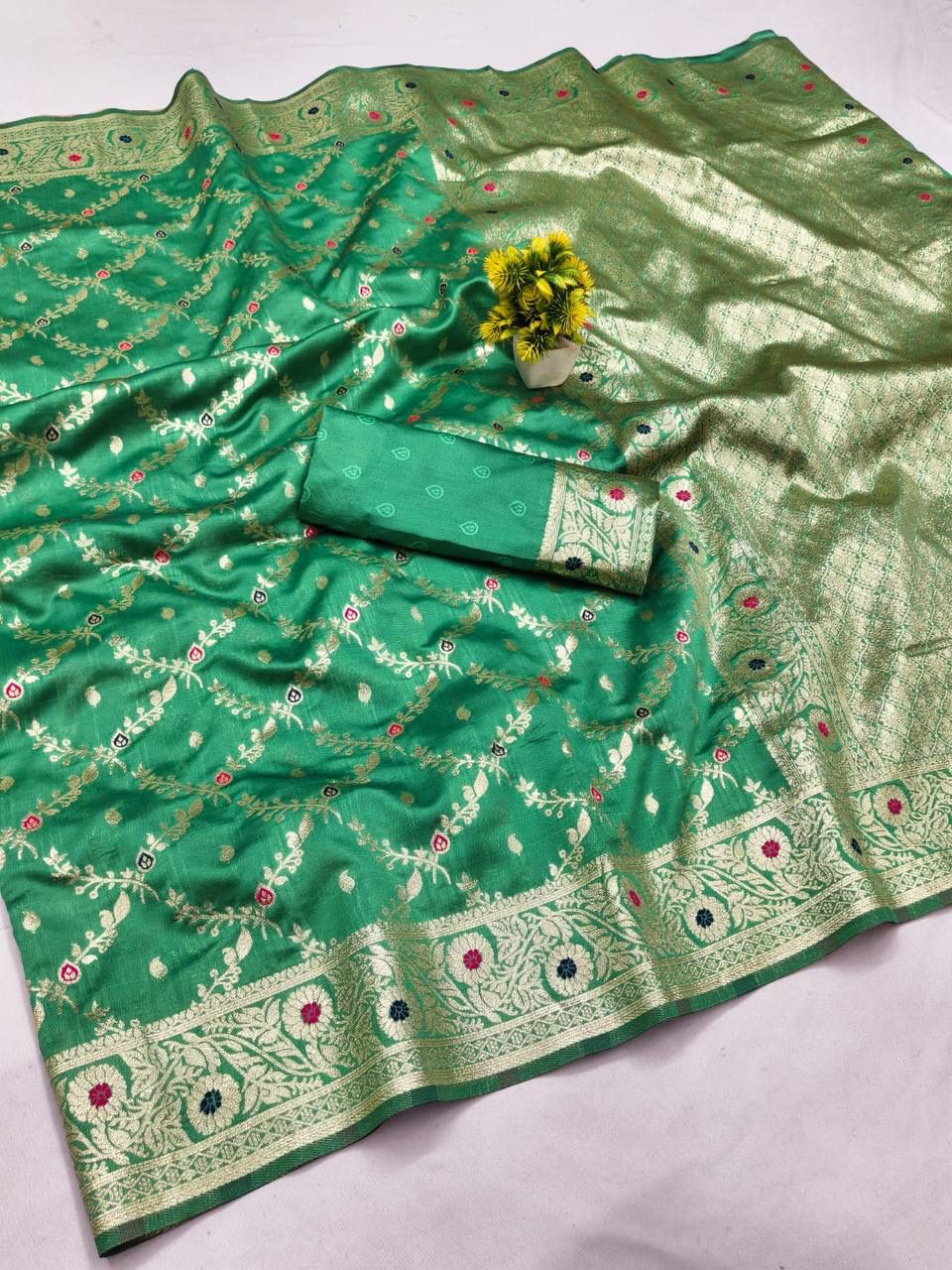 Prodigal Green Soft Banarasi Silk Saree With Jubilant Blouse Piece