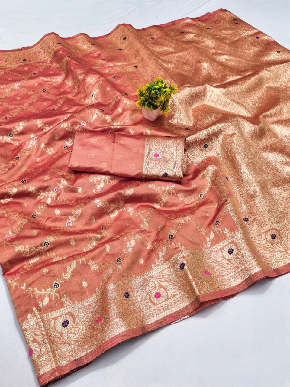 Alluring Peach Soft Banarasi Silk Saree With Imaginative Blouse Piece