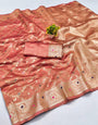 Alluring Peach Soft Banarasi Silk Saree With Imaginative Blouse Piece