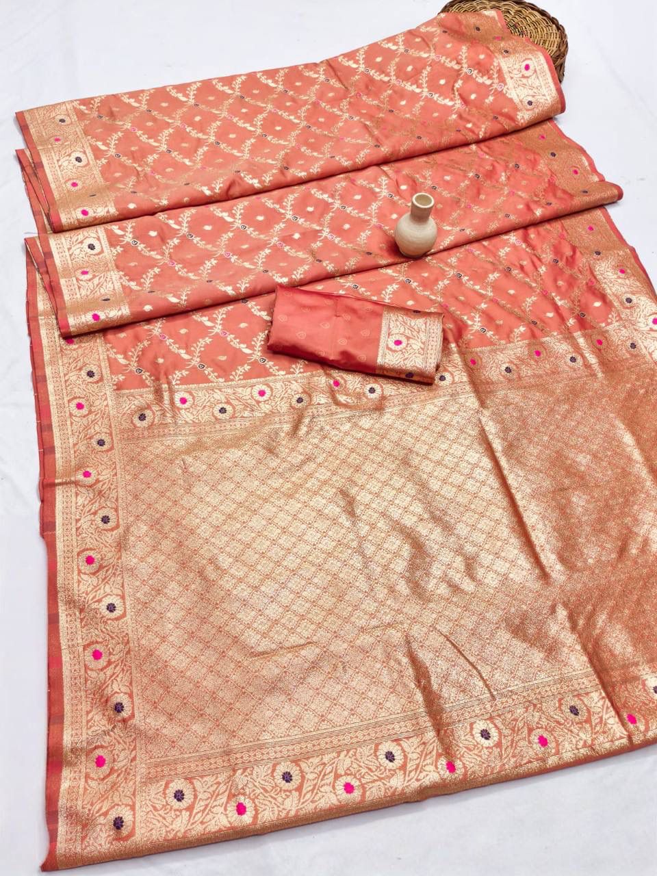 Alluring Peach Soft Banarasi Silk Saree With Imaginative Blouse Piece