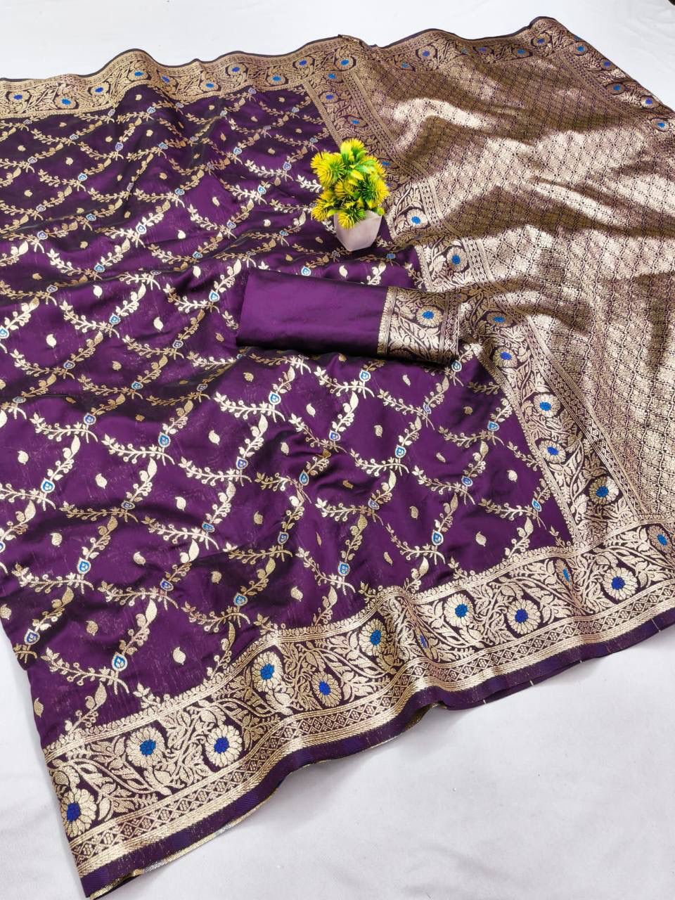 Propinquity Purple Soft Banarasi Silk Saree With Ailurophile Blouse Piece