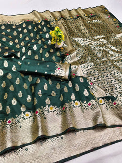 Adorable Dark Green Soft Banarasi Silk Saree With Scrumptious Blouse Piece