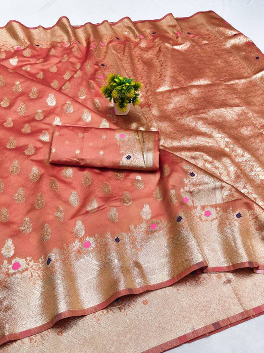 Stylish Peach Soft Banarasi Silk Saree With Fragrant Blouse Piece