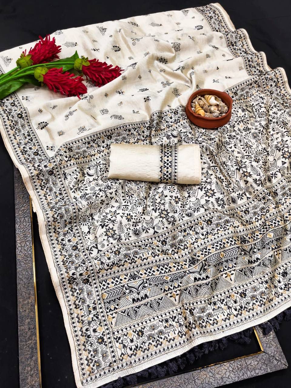 Unique Off White Embroidery Work Tussar Silk Saree With Forbearance Blouse Piece
