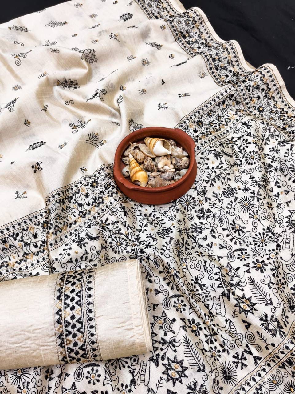 Unique Off White Embroidery Work Tussar Silk Saree With Forbearance Blouse Piece