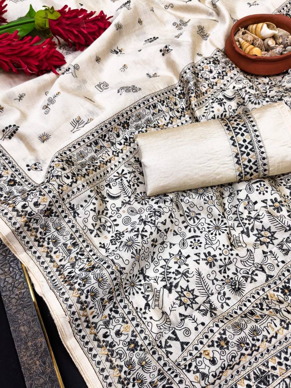 Unique Off White Embroidery Work Tussar Silk Saree With Forbearance Blouse Piece