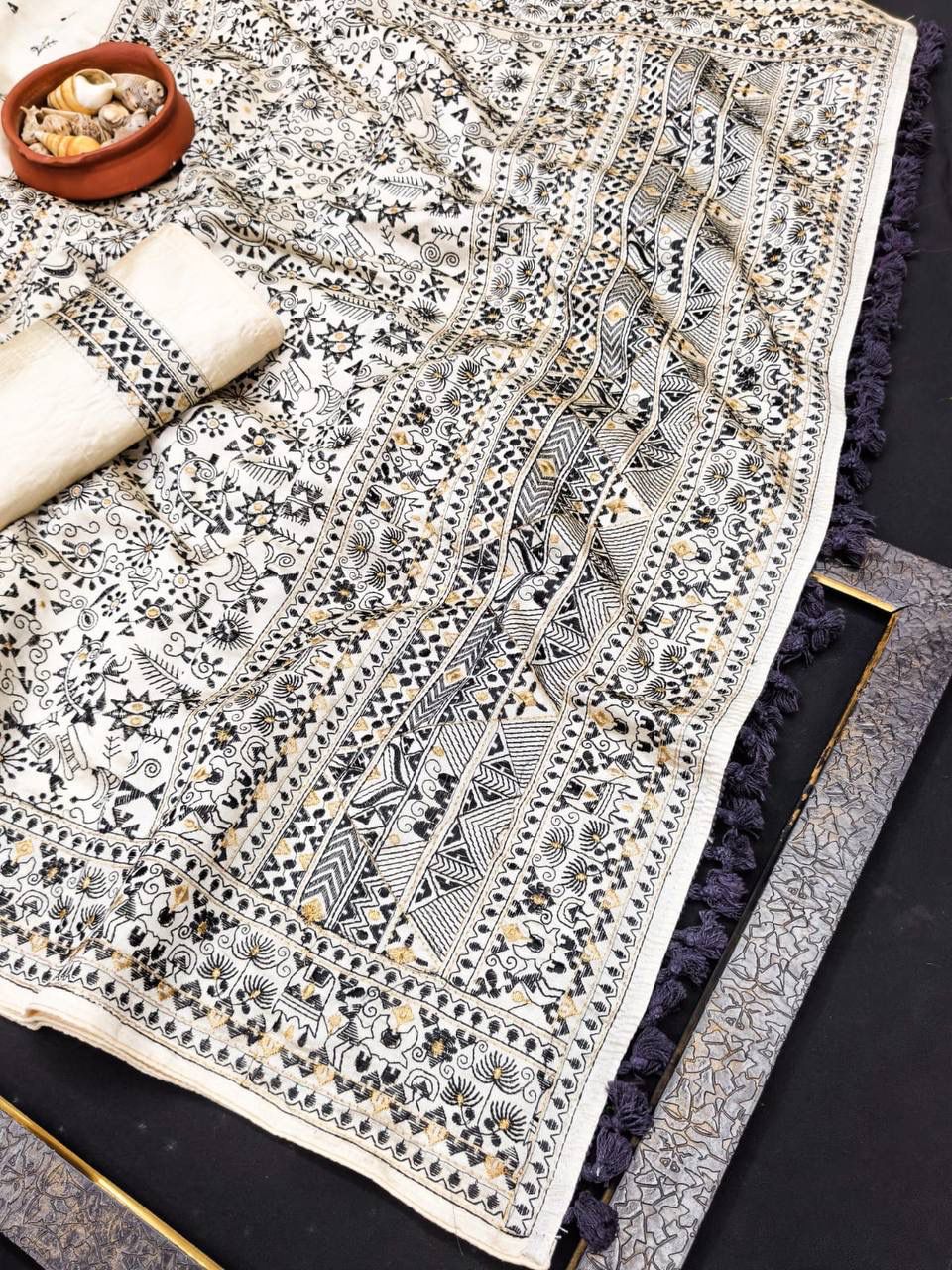 Unique Off White Embroidery Work Tussar Silk Saree With Forbearance Blouse Piece