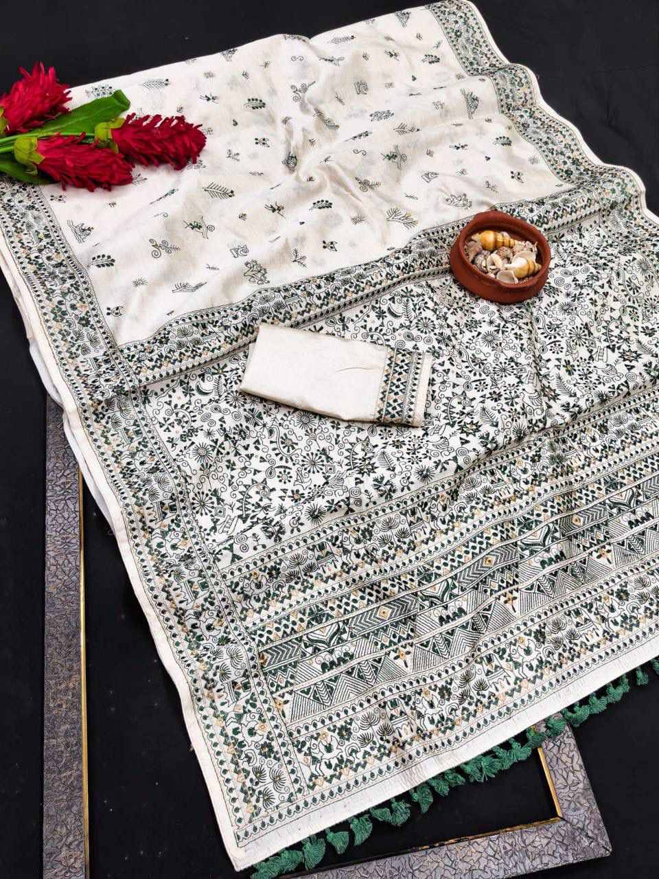 Staggering Off White Embroidery Work Tussar Silk Saree With Allure Blouse Piece