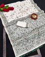 Staggering Off White Embroidery Work Tussar Silk Saree With Allure Blouse Piece
