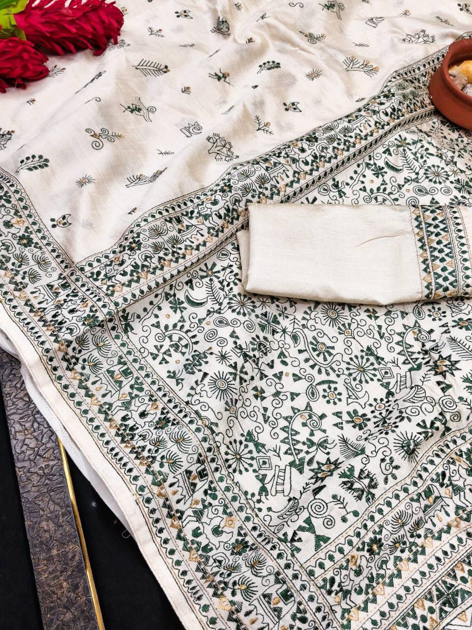 Staggering Off White Embroidery Work Tussar Silk Saree With Allure Blouse Piece