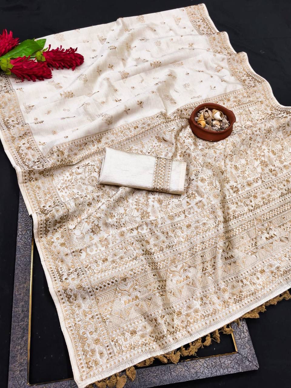 Woebegone Off White Embroidery Work Tussar Silk Saree With Improbable Blouse Piece