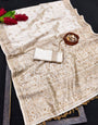 Woebegone Off White Embroidery Work Tussar Silk Saree With Improbable Blouse Piece