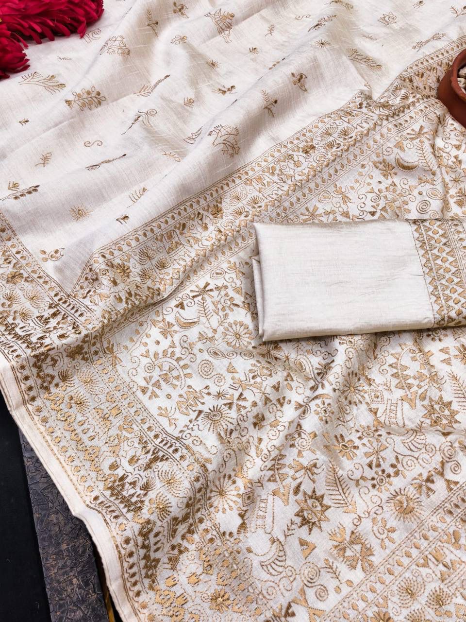 Woebegone Off White Embroidery Work Tussar Silk Saree With Improbable Blouse Piece