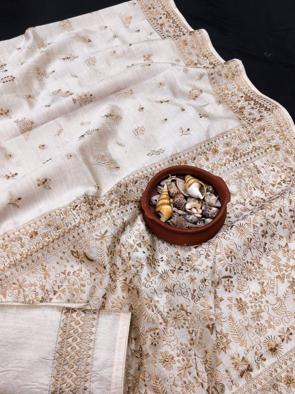 Woebegone Off White Embroidery Work Tussar Silk Saree With Improbable Blouse Piece