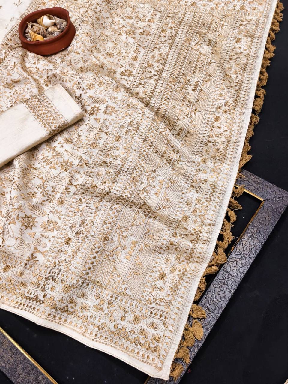 Woebegone Off White Embroidery Work Tussar Silk Saree With Improbable Blouse Piece