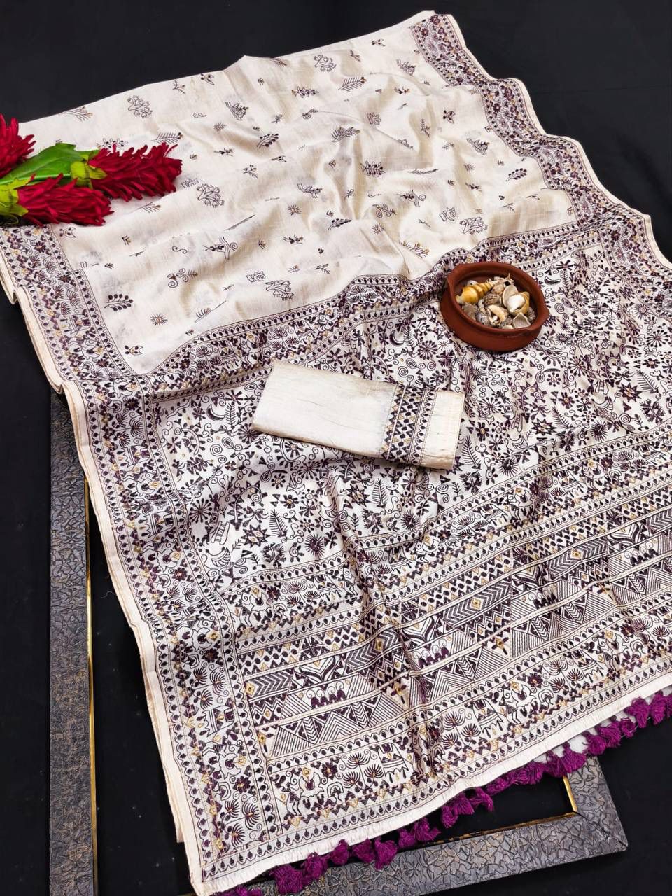 Refreshing Off White Embroidery Work Tussar Silk Saree With Dulcet Blouse Piece