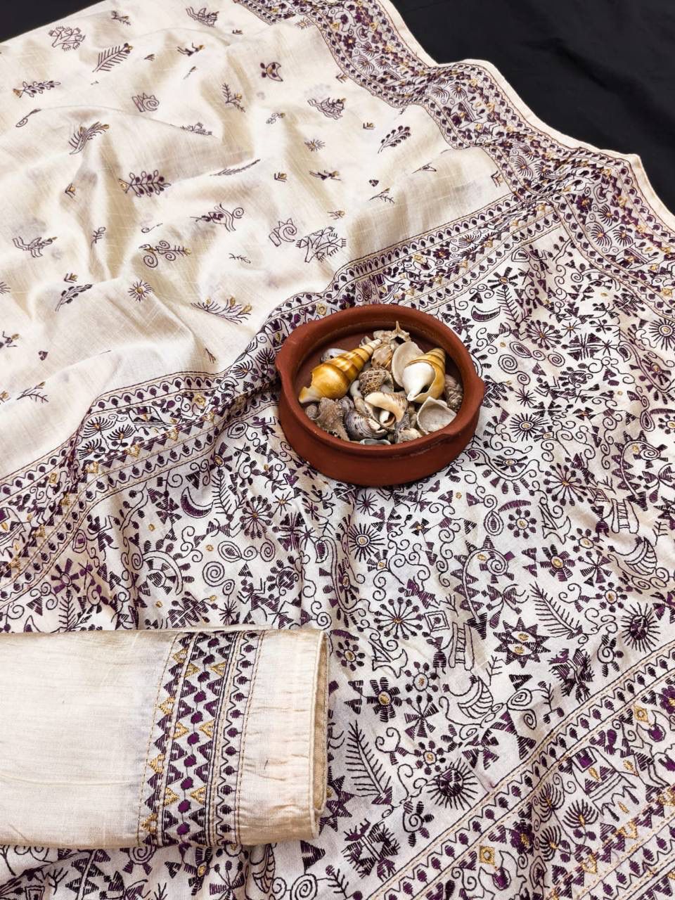 Refreshing Off White Embroidery Work Tussar Silk Saree With Dulcet Blouse Piece