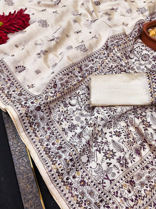 Refreshing Off White Embroidery Work Tussar Silk Saree With Dulcet Blouse Piece