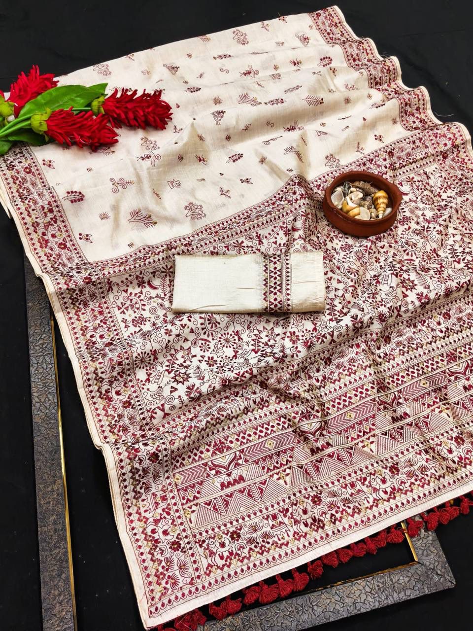 Snappy Off White Embroidery Work Tussar Silk Saree With Girlish Blouse Piece