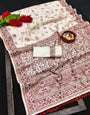 Snappy Off White Embroidery Work Tussar Silk Saree With Girlish Blouse Piece